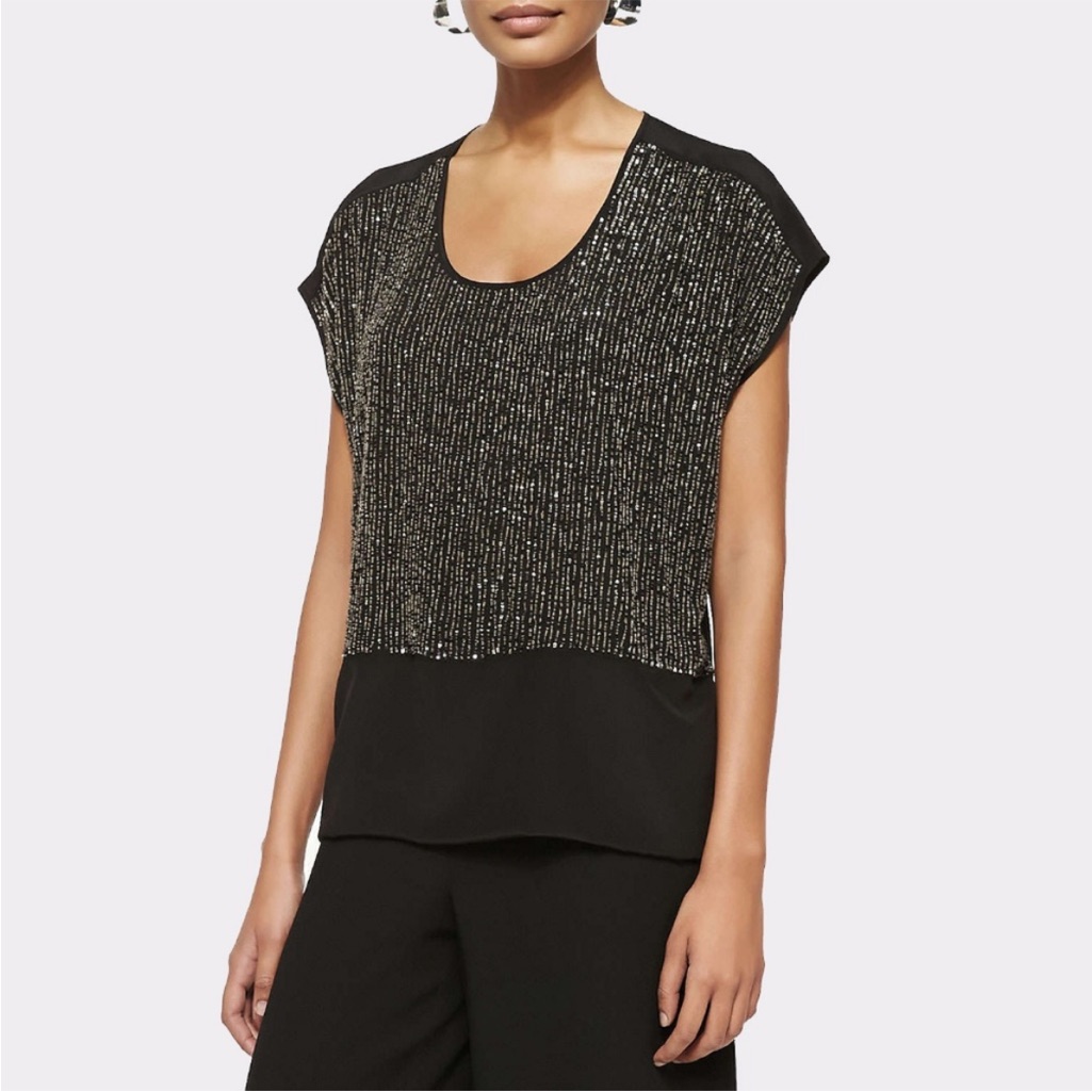 Eileen Fisher Black Sequined Silk Top J4